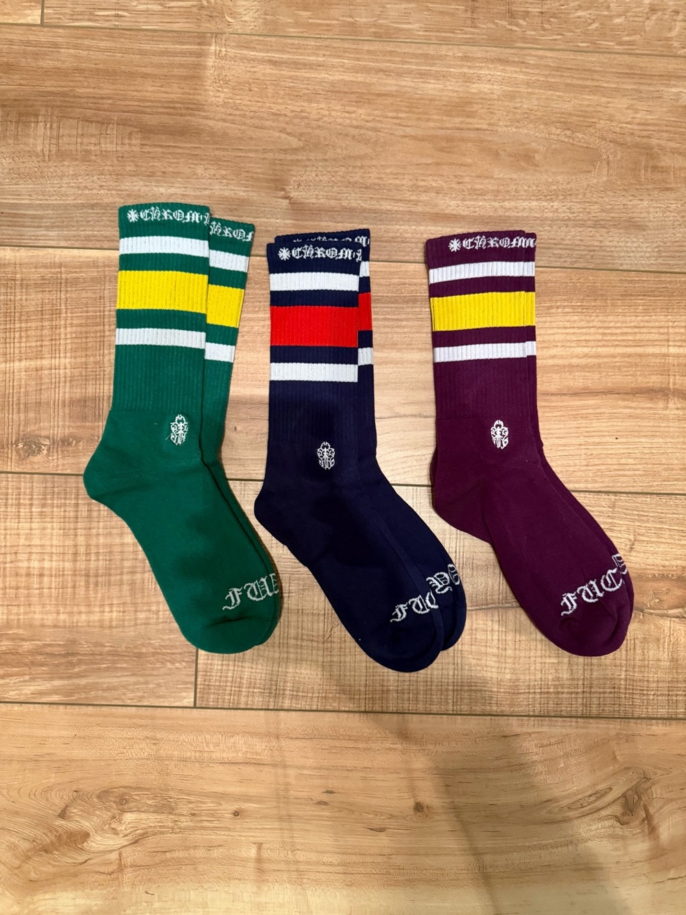 Chrome Hearts Three-Pair Athletic Crew Socks in Green, Navy, and Burgundy